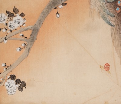 Lot 362 - Ohara Koson - A kujaku in a cherry blossom tree | woodblock print