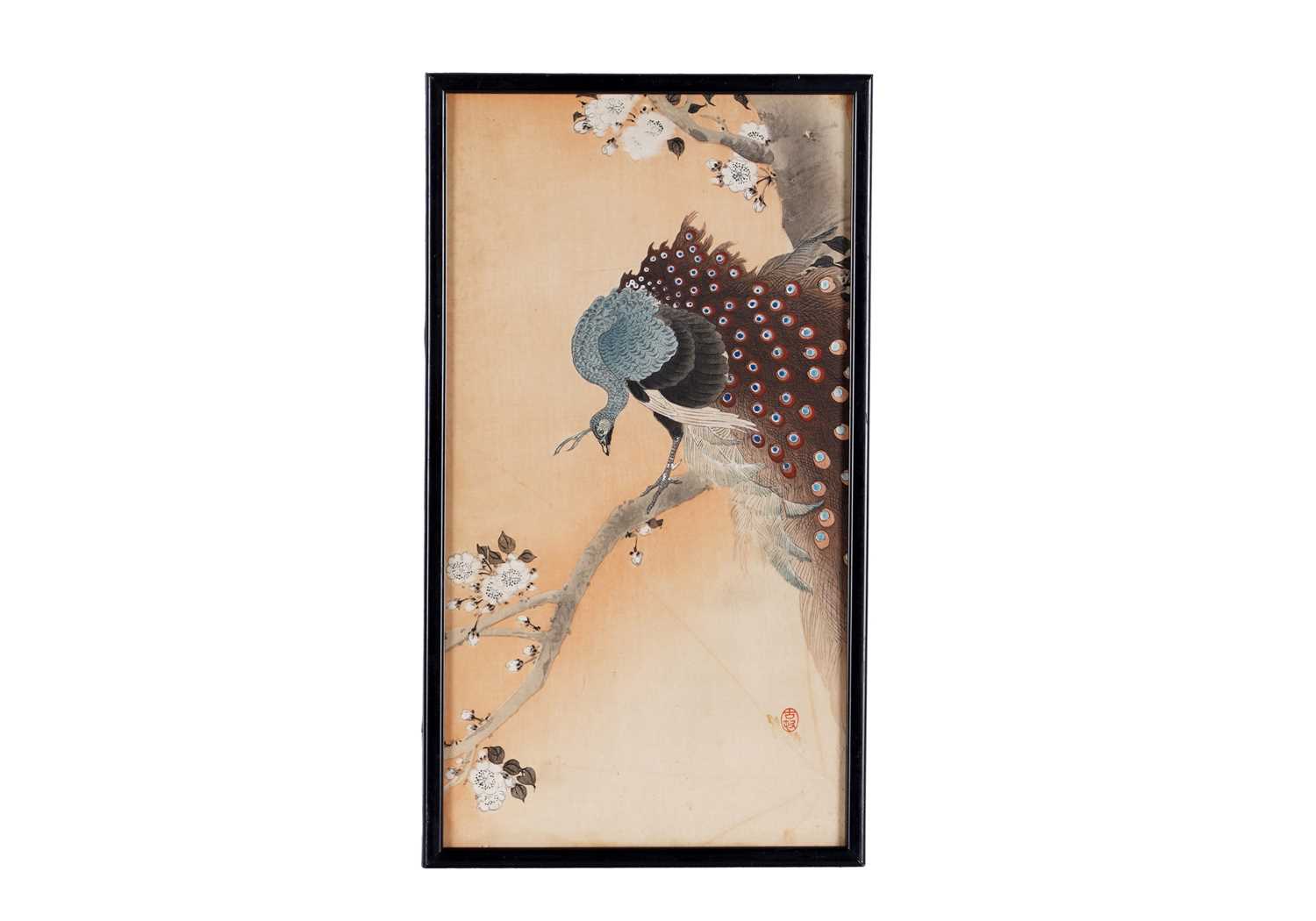 Lot 362 - Ohara Koson - A kujaku in a cherry blossom tree | woodblock print