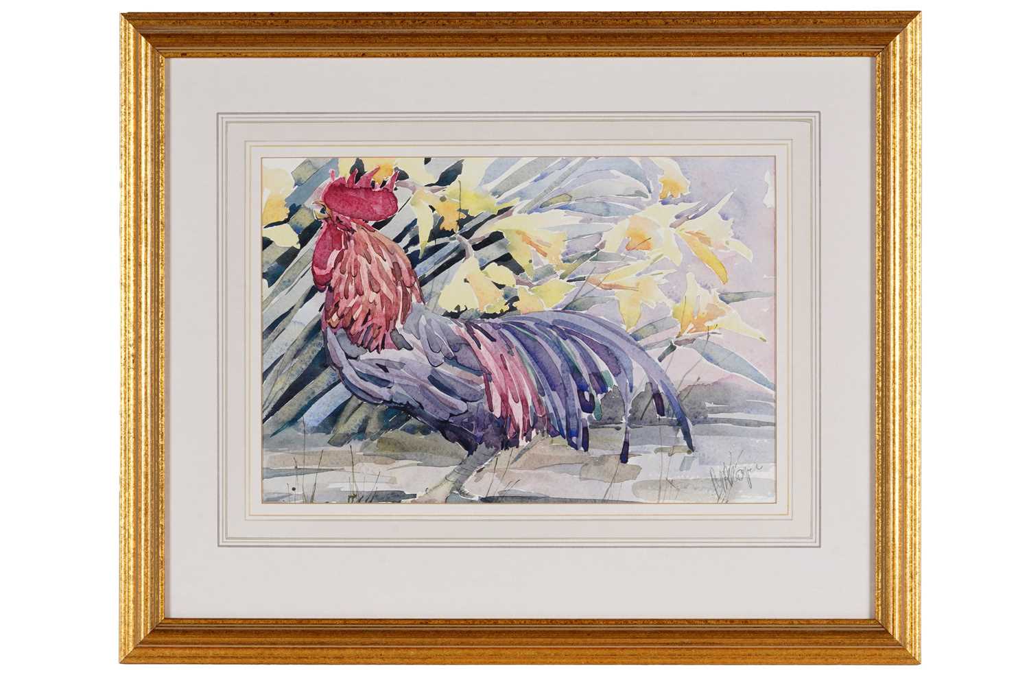 Lot 395 - Mary Ann Rogers - Cockerel and daffodils | watercolour