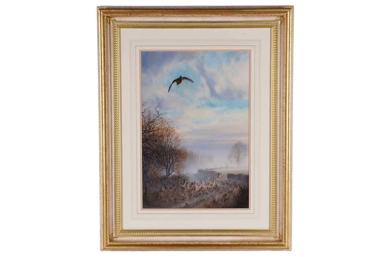 Lot 247 - Peter Allis - A woodcock in flight above the mist | watercolour