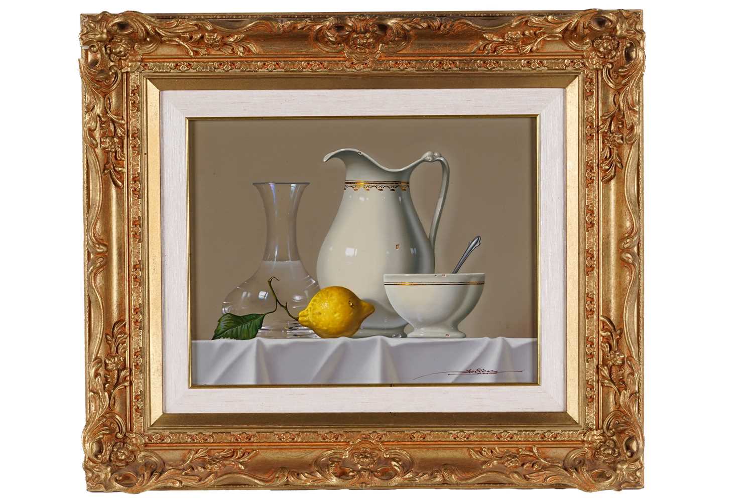 Lot 266 - Javier Mulio - Still life of tableware and a lemon | oil