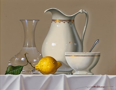 Lot 266 - Javier Mulio - Still life of tableware and a lemon | oil