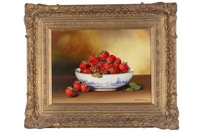 Lot 22 - Dutch School - Strawberries in a blue and white bowl | oil