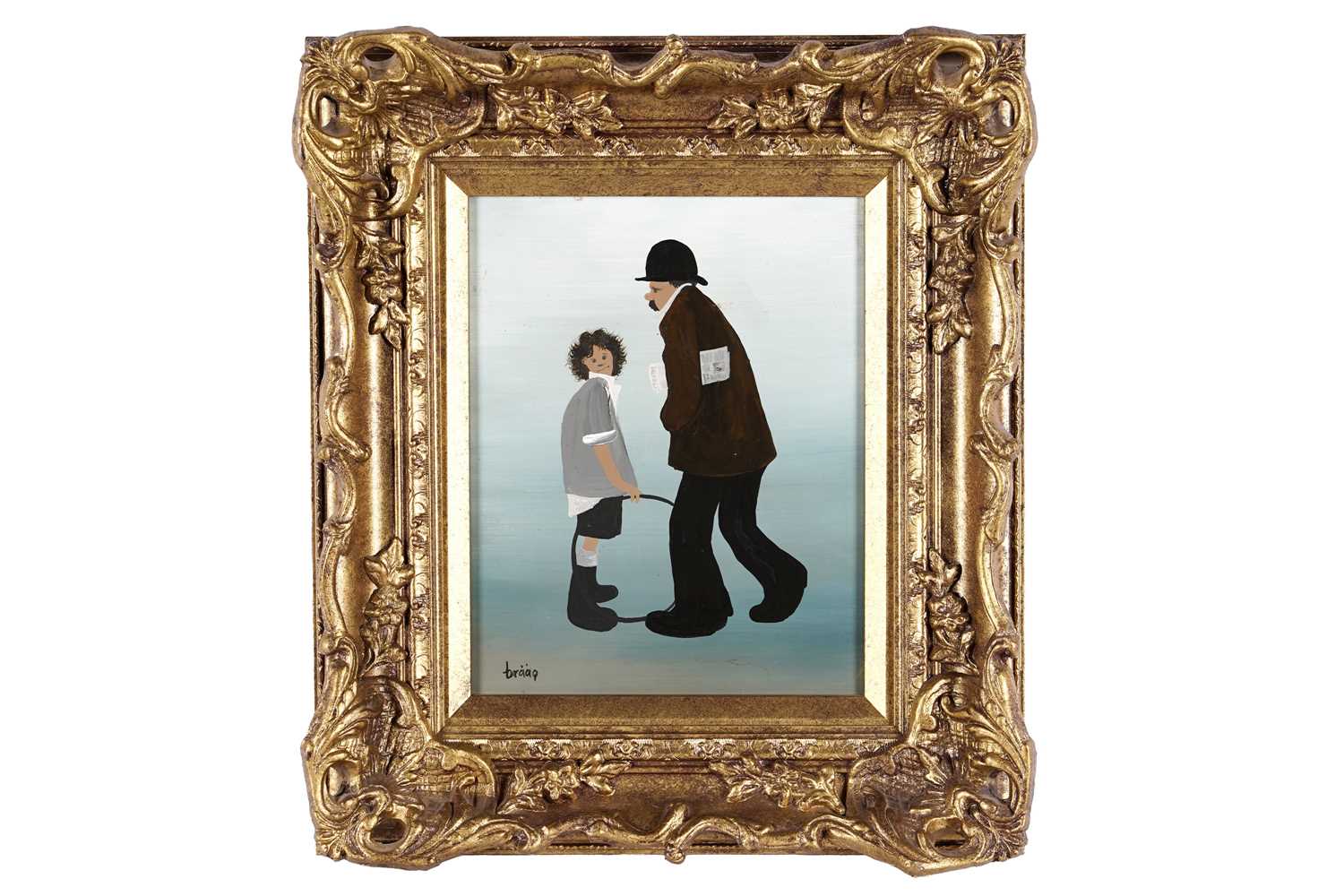 Lot 88 - Brian Shields 'Braaq' - Boy holding a hoop with a man walking by | oil