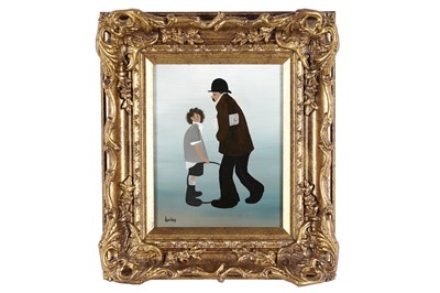 Lot 88 - Brian Shields 'Braaq' - Boy holding a hoop with a man walking by | oil
