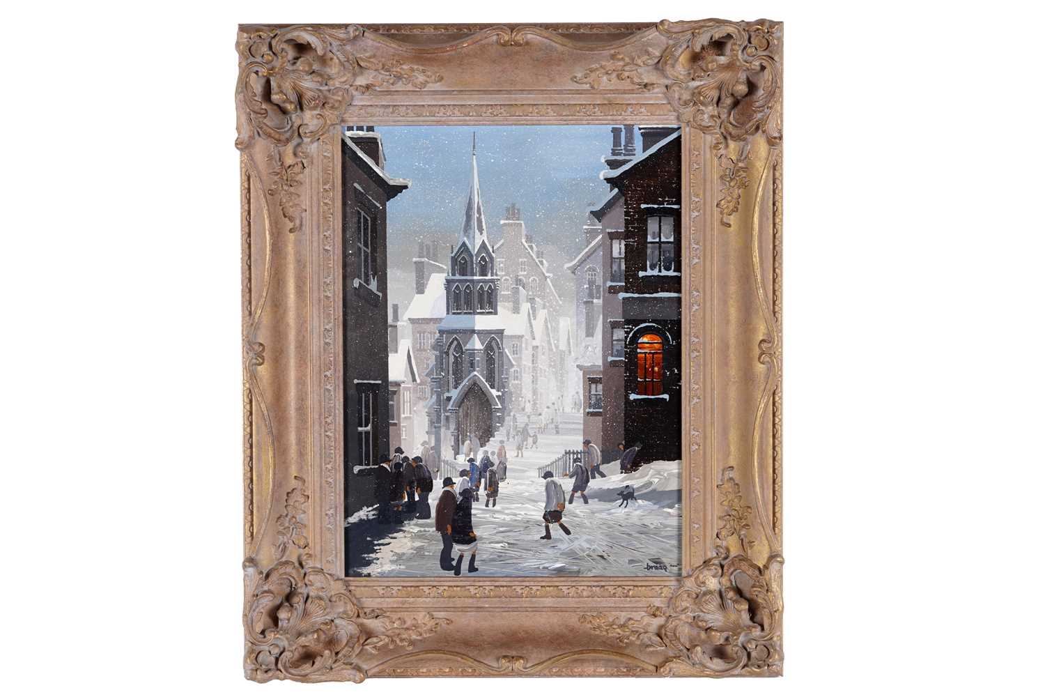 Lot 87 - Brian Shields 'Braaq' - Winter street view with a church | oil