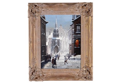 Lot 87 - Brian Shields 'Braaq' - Winter street view with a church | oil