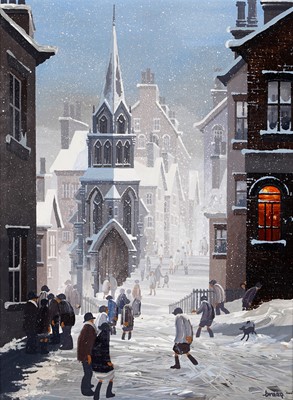 Lot 87 - Brian Shields 'Braaq' - Winter street view with a church | oil