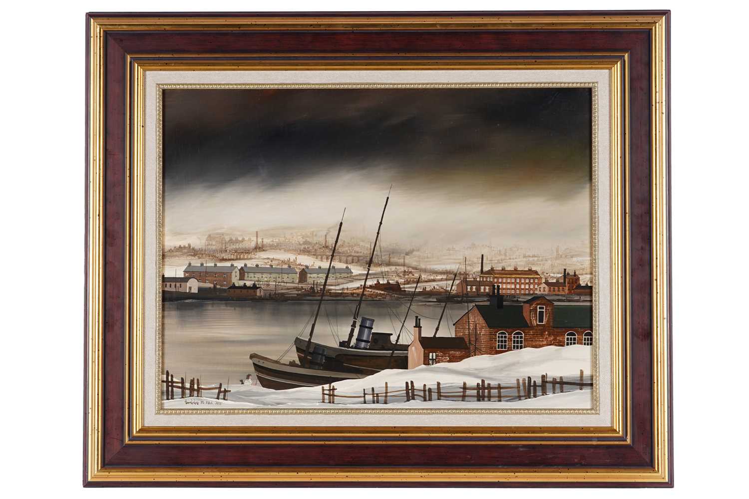 Lot 86 - Brian Shields 'Braaq' - Northern industrial landscape with trawler boats | oil