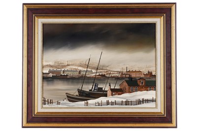 Lot 86 - Brian Shields 'Braaq' - Northern industrial landscape with trawler boats | oil