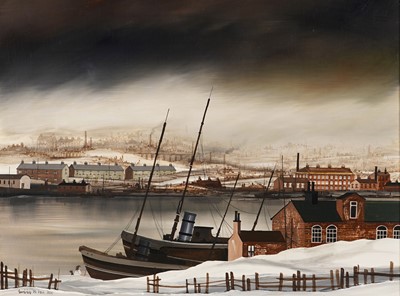 Lot 86 - Brian Shields 'Braaq' - Northern industrial landscape with trawler boats | oil
