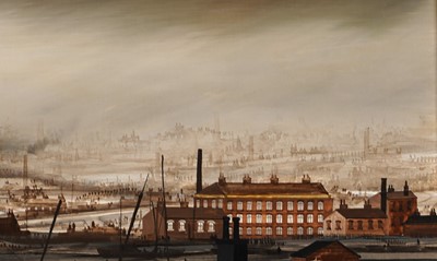 Lot 86 - Brian Shields 'Braaq' - Northern industrial landscape with trawler boats | oil