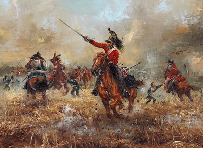 Lot 259 - David Cartwright - Give Them Steel, 1st Kings Dragoon Guards at Waterloo 1815 | oil