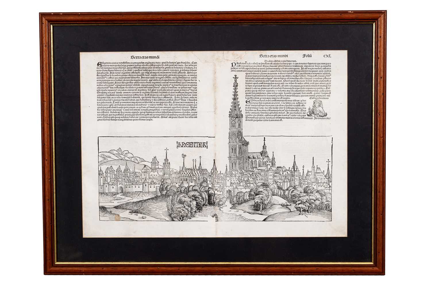 Lot Schedel (Hartmann), a framed double-sided page from the Nuremberg Chronicle 1493