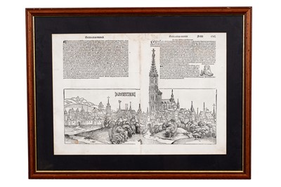 Lot Schedel (Hartmann), a framed double-sided page from the Nuremberg Chronicle 1493