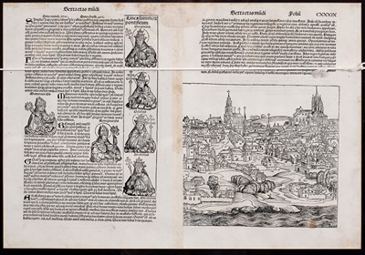 Lot Schedel (Hartmann), a framed double-sided page from the Nuremberg Chronicle 1493