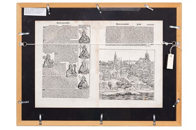 Lot Schedel (Hartmann), a framed double-sided page from the Nuremberg Chronicle 1493