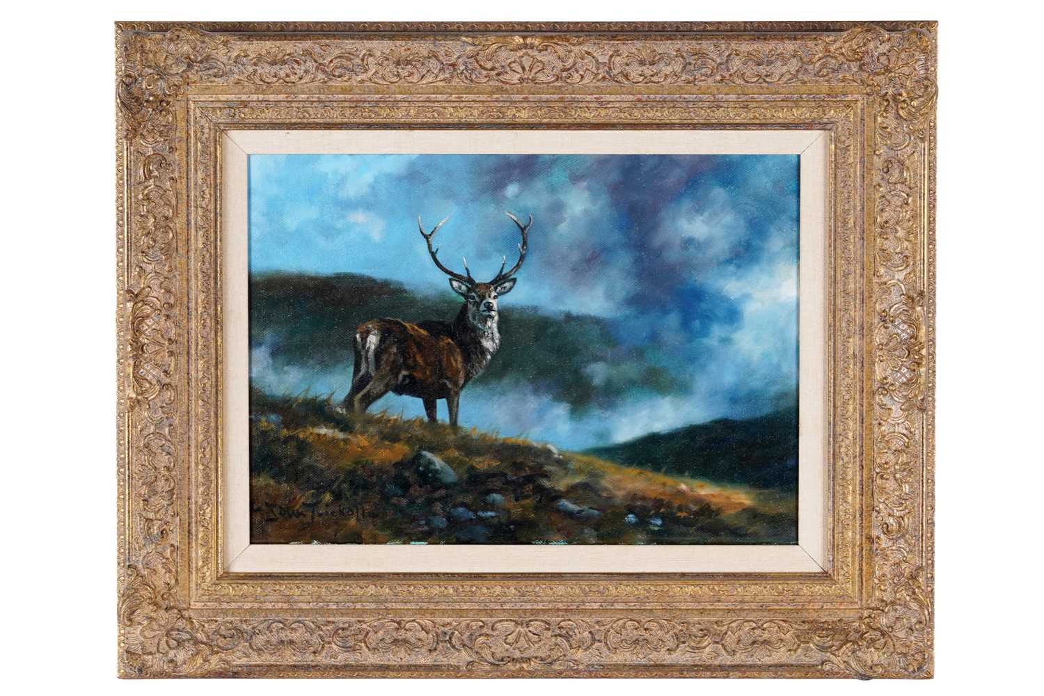 Lot 257 - John Trickett - Stag in the Highland mist | oil