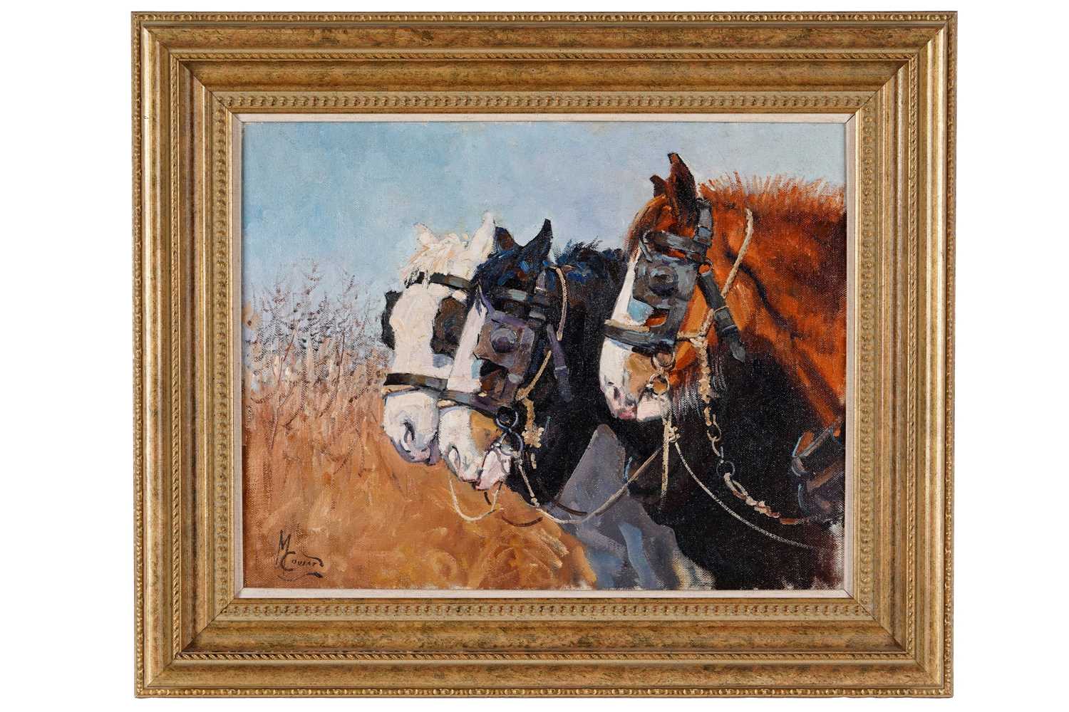 Lot 255 - Malcolm Coward - Three work horses in a field | oil