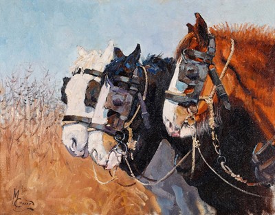 Lot 255 - Malcolm Coward - Three work horses in a field | oil