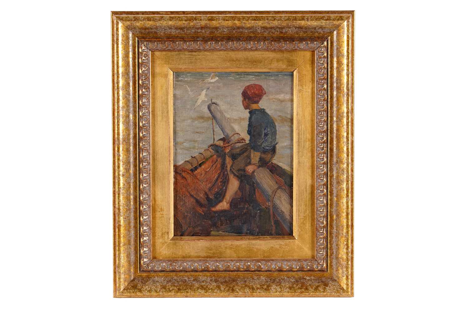 Lot 202 - Isa Jobling - Boy on a boat, (with study of fishing boats verso) | oil