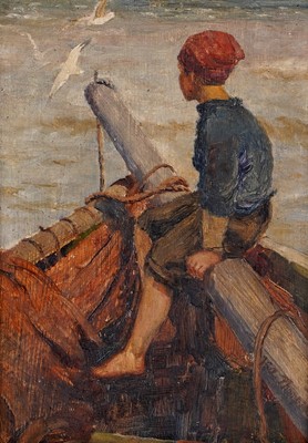 Lot 202 - Isa Jobling - Boy on a boat, (with study of fishing boats verso) | oil