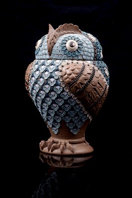 Lot 443 - A Doulton Lambeth Silicon-Ware owl jar and cover