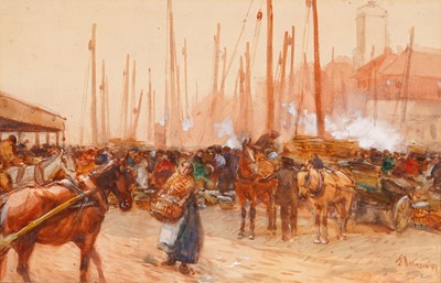 Lot 210 - John Atkinson - Unloading the Fleet | watercolour