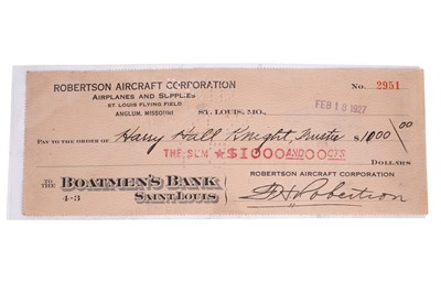 Lot 420 - Aviation interest: A Boatmen's Bank Saint Louis cheque, signed by Harry Hall Knight