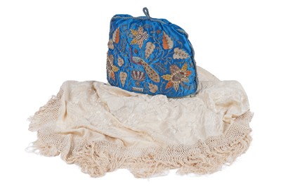 Lot 586 - A 19th Century embroidered tea cosy; and a Chinese Canton silk shawl