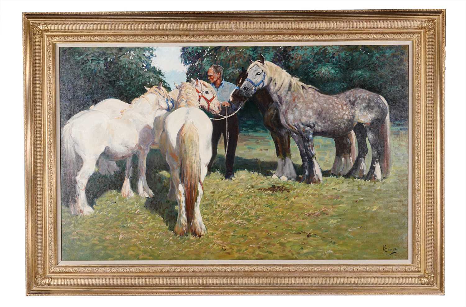 Lot 249 - Malcolm Coward - Five horses gathered round their owner | oil