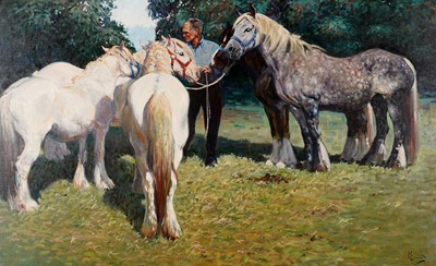 Lot 249 - Malcolm Coward - Five horses gathered round their owner | oil