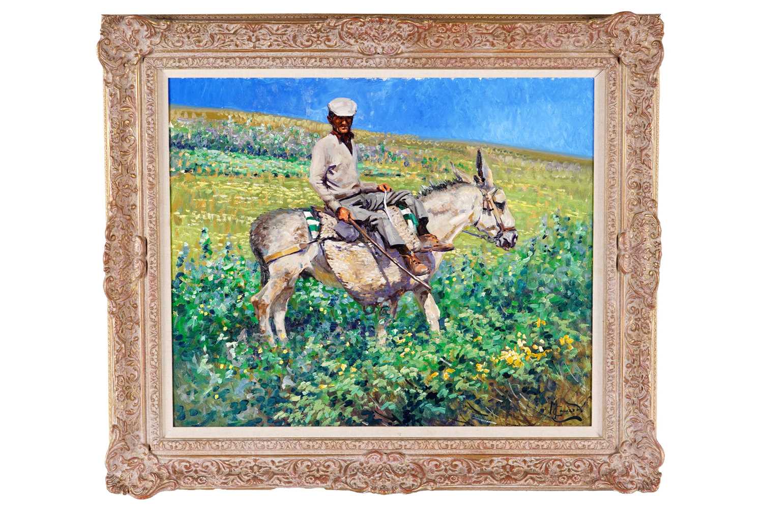 Lot 253 - Malcolm Coward - Man on a mule tending to his crops | oil
