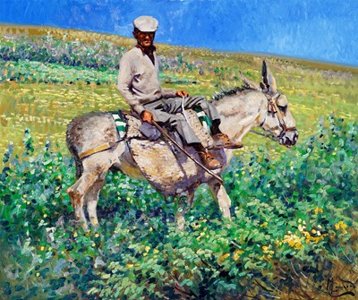 Lot 253 - Malcolm Coward - Man on a mule tending to his crops | oil