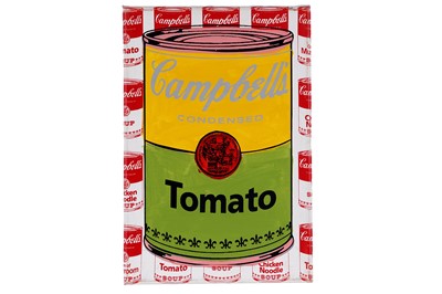 Lot 109 - Steve Kaufman - Campbell's Tomato Soup (green & yellow) | mixed media