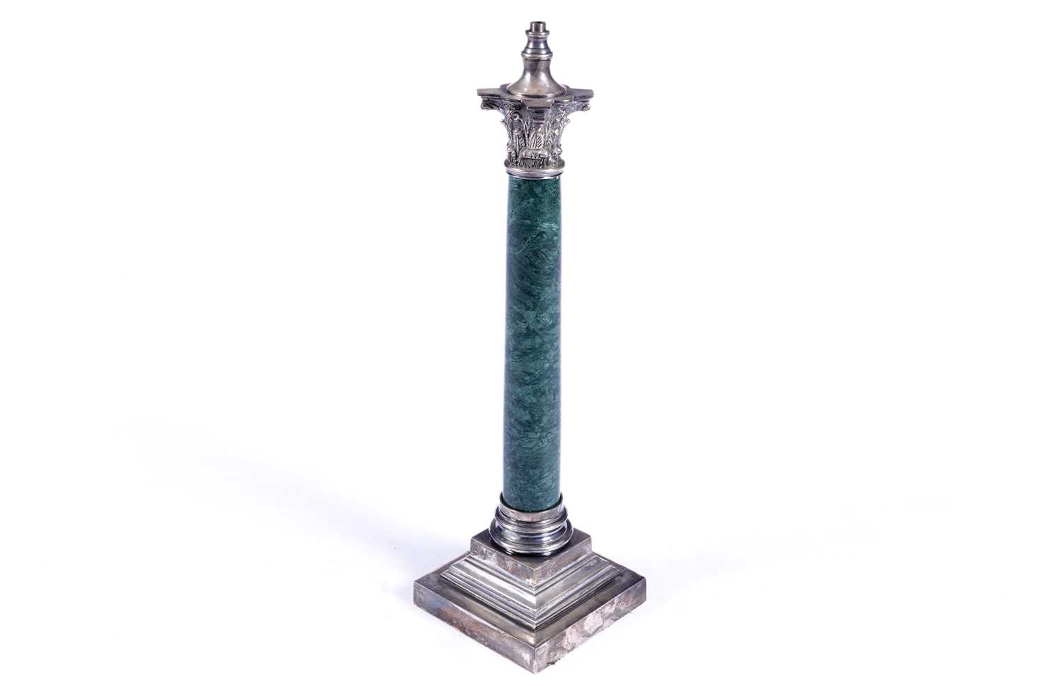 Lot 493 - A green marble and silver-plated Corinthian column table lamp