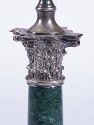 Lot 493 - A green marble and silver-plated Corinthian column table lamp