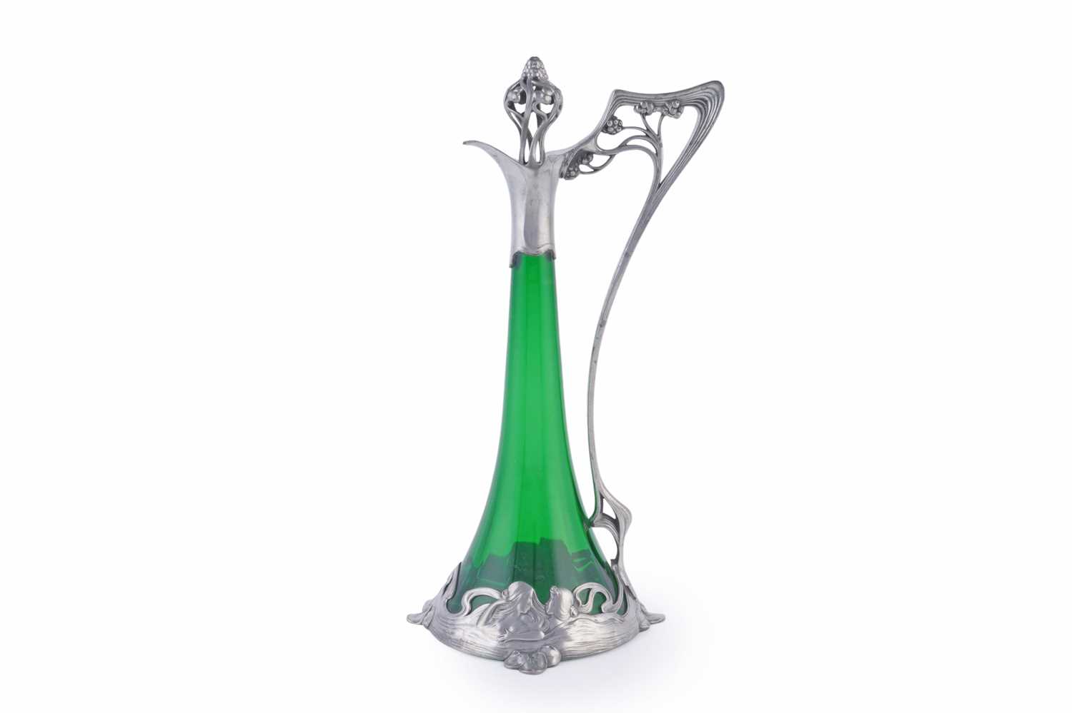 Lot 490 - WMF: and early 20th Century Art Nouveau pewter and green glass claret jug