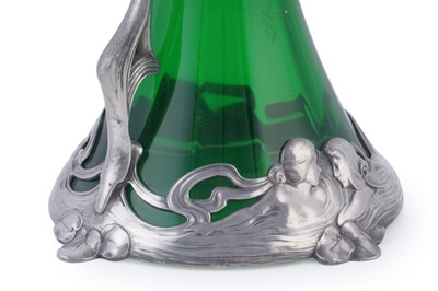 Lot 490 - WMF: and early 20th Century Art Nouveau pewter and green glass claret jug