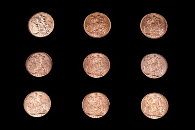 Lot 77 - Westminster Edward VII 22ct gold Set of Nine Sovereigns