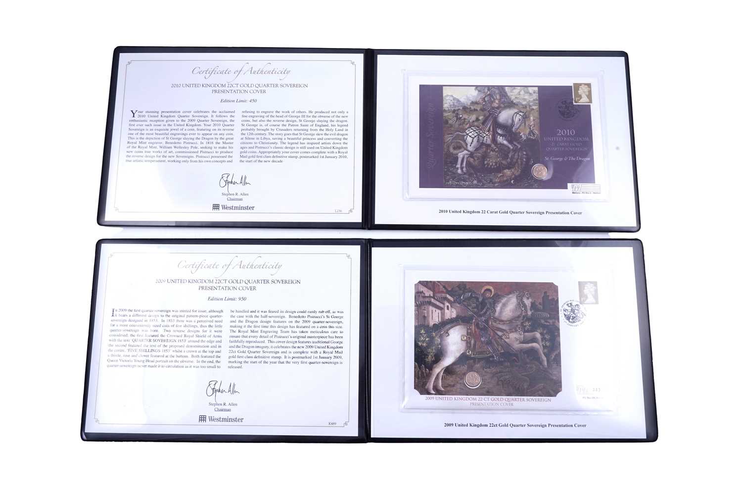 Lot 87 - Two Westminster Queen Elizabeth II 22ct gold Quarter-Sovereign Presentation Covers