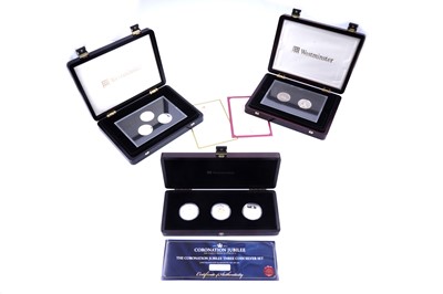 Lot 127 - Westminster Coronation Jubilee Three-Coin Silver Set of five-pound coins with 24ct gold plating