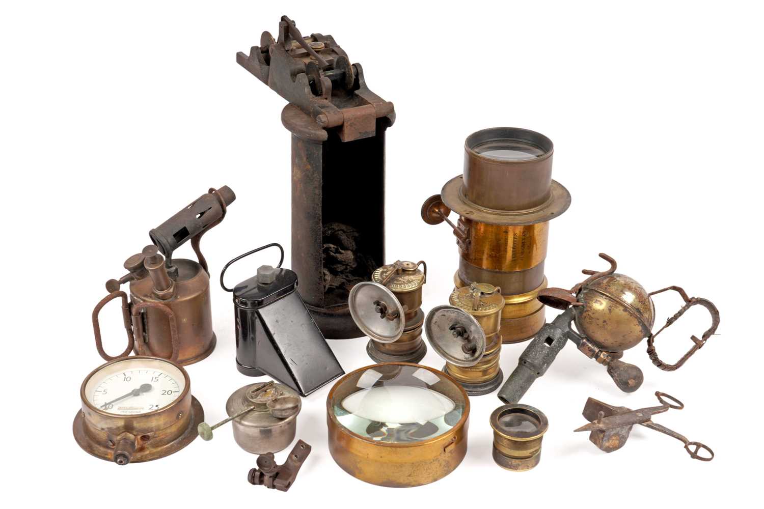 Lot 466 - Two brass carbide lamps; and other items