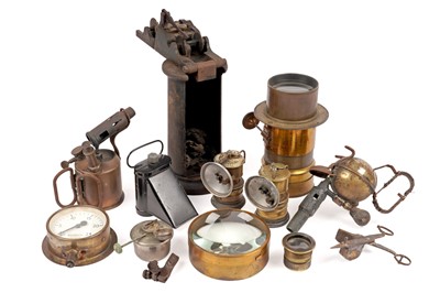 Lot 466 - Two brass carbide lamps; and other items