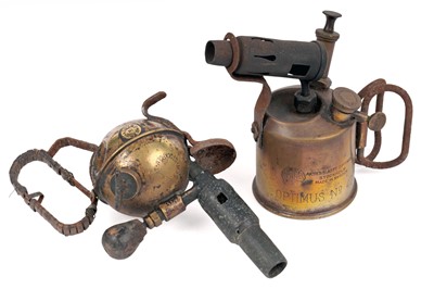 Lot 466 - Two brass carbide lamps; and other items