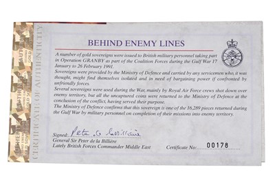 Lot 9 - Royal Mint Queen Elizabeth II gold sovereign, boxed “Behind Enemy Lines Gulf War Collection”