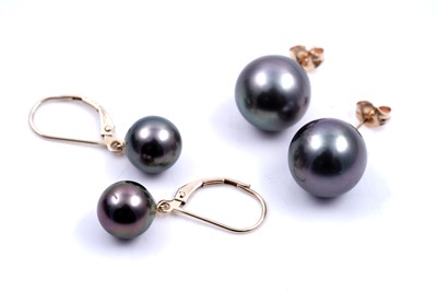 Lot 160 - Two pairs of cultured black pearl earrings