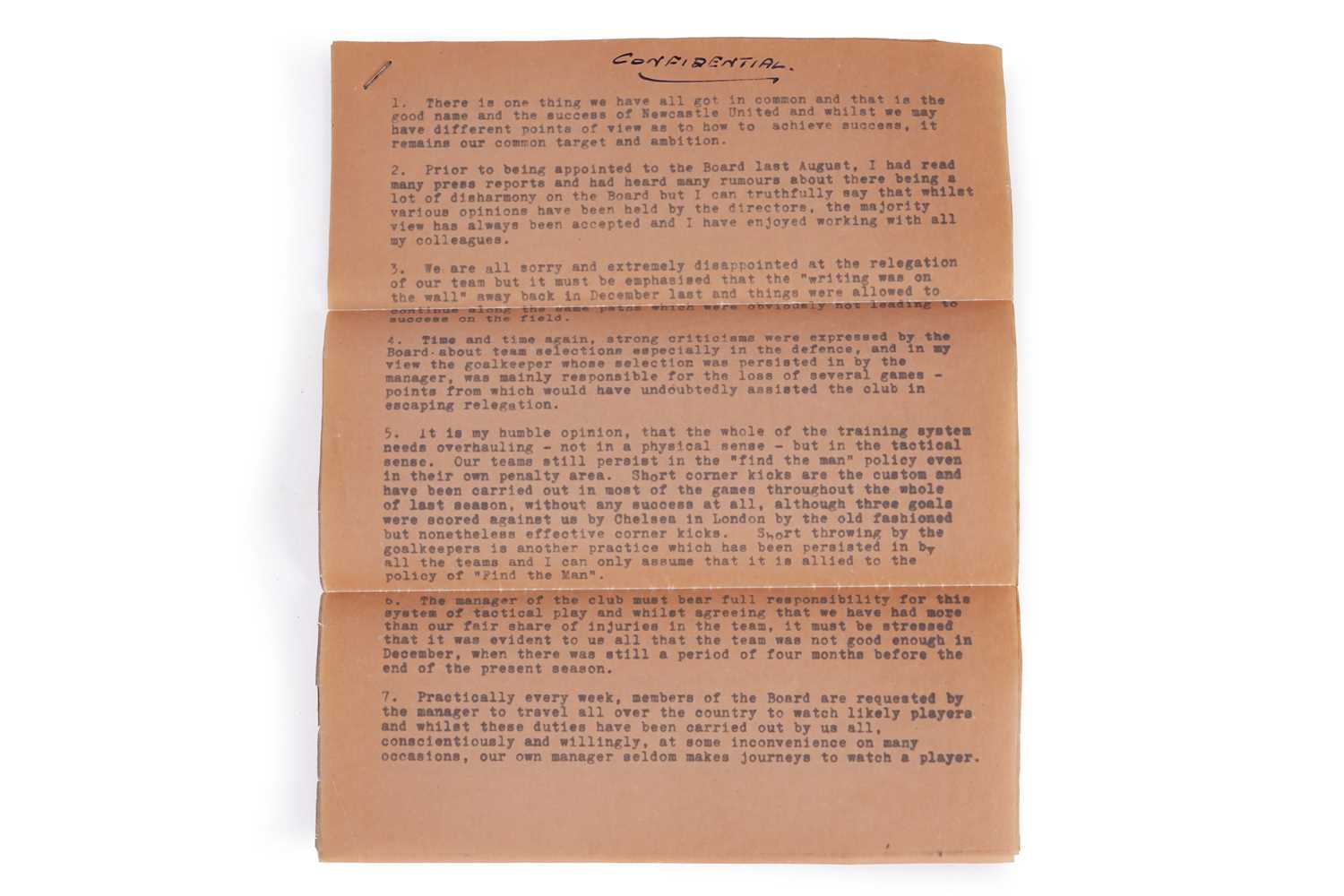 Lot 404 - Newcastle United interest: a confidential letter written for the board of directors, early 1960's