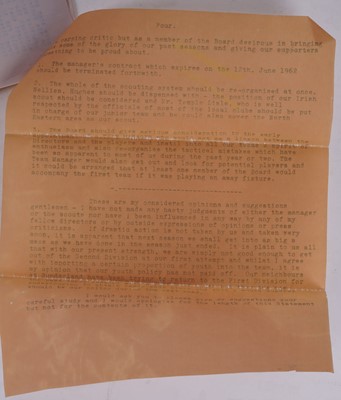 Lot 404 - Newcastle United interest: a confidential letter written for the board of directors, early 1960's