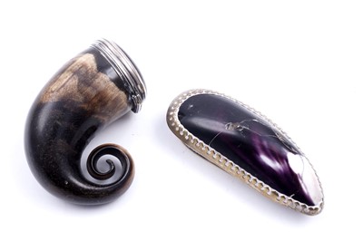 Lot 366 - A late 18th Century Scottish silver-mounted horn snuff mull; and a novelty mussel shell snuff box